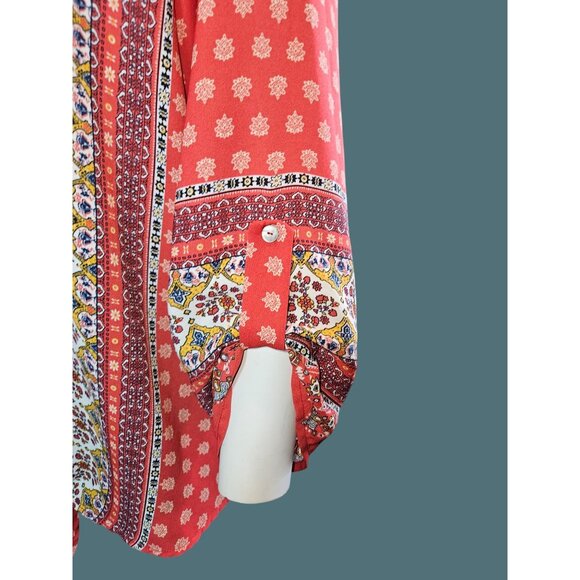 2/$35-West Kei V-Neck Boho Tie Front Roll Tab Sleeves Blouse Women XL - Picture 5 of 8